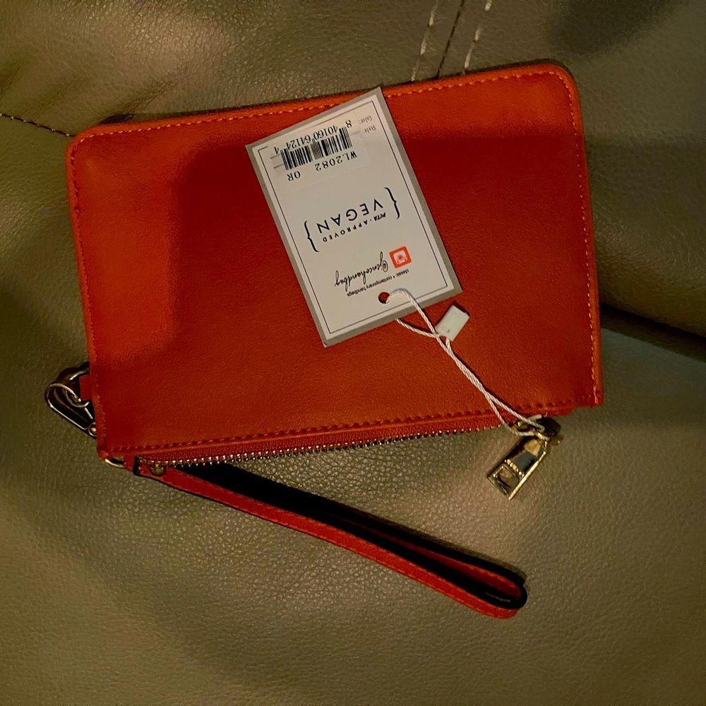 Vegan leather orange wallet wristlet
